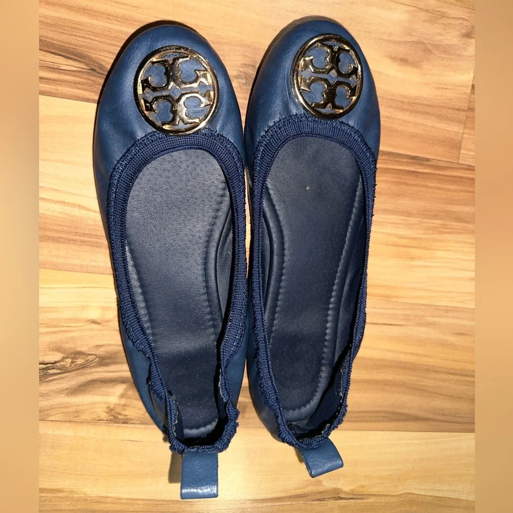 Tory Burch Navy Flats with Gold Emblem